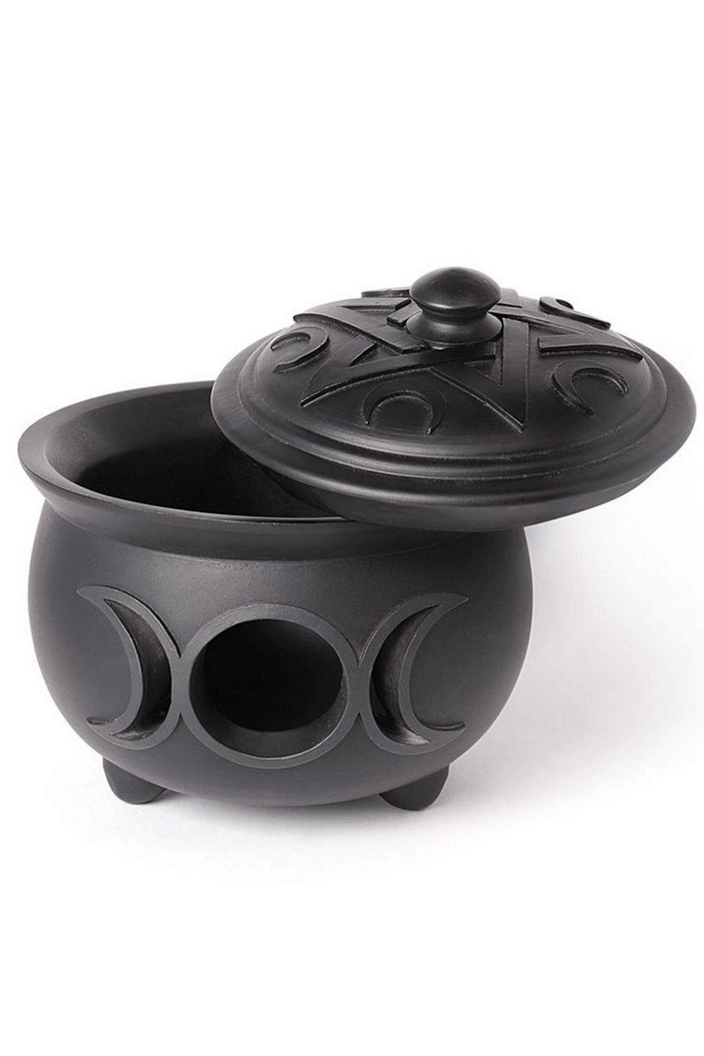 Triple Moon black cauldron jewelry and trinket box with lid, showcasing crescent moon design and pentacle details.