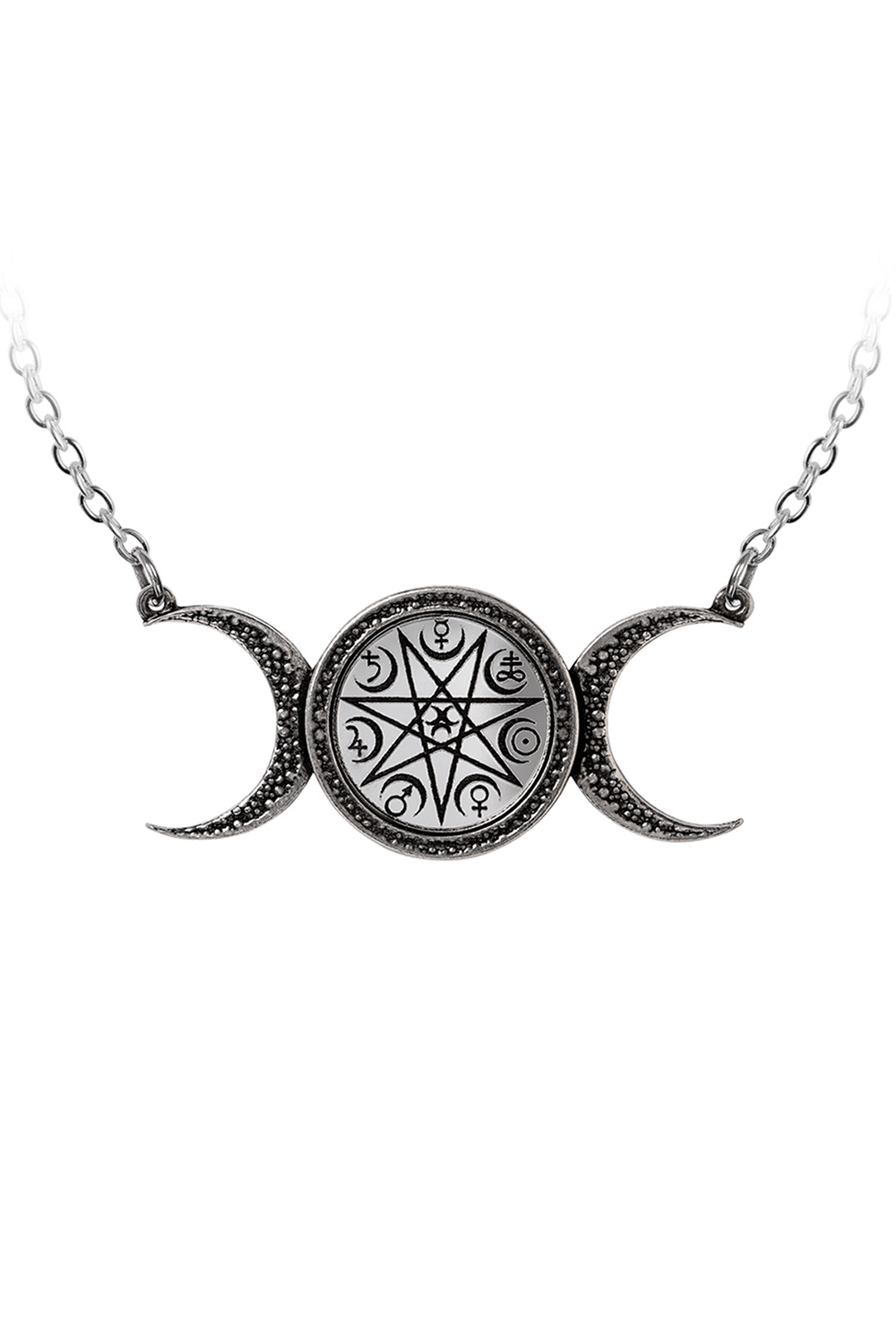 Triple Moon Elven Star Necklace with planetary symbols, handcrafted in fine pewter for cosmic energy and style.