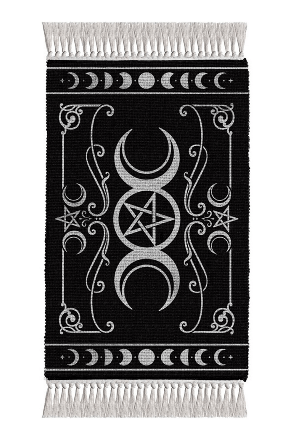 Triple Moon Pentacle Rug featuring lunar and pagan symbols, perfect for Wiccan altars and mystical decor.