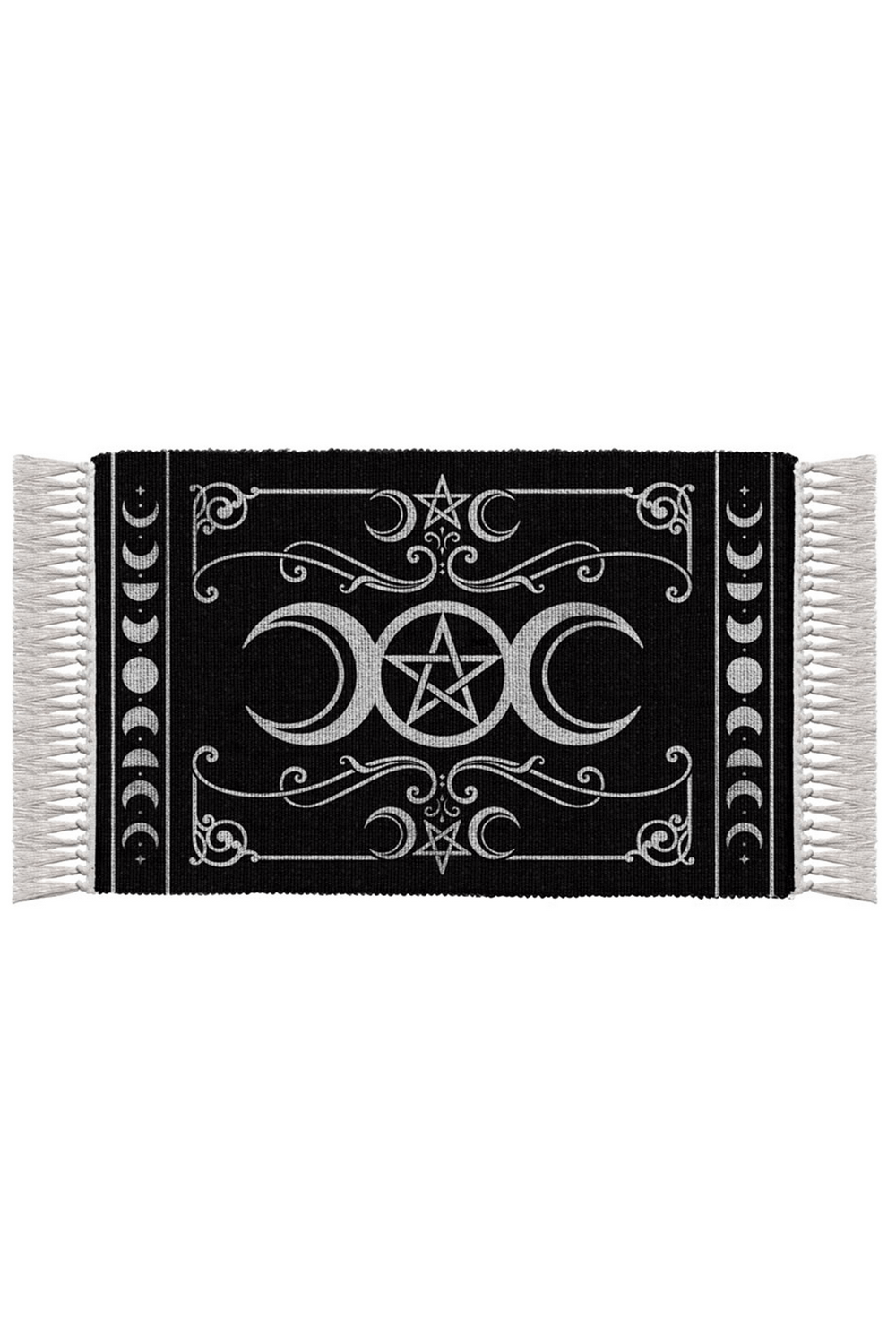 Triple Moon Pentacle Rug with lunar and pagan symbols, ideal for Wiccan altars and mystical decor.