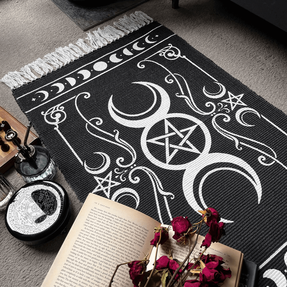 Triple Moon Pentacle Rug with lunar and pagan symbols, perfect for Wiccan altars and mystical decor.