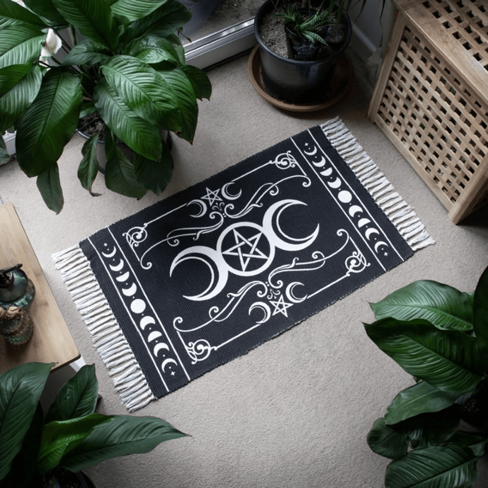 Triple moon pentacle rug featuring lunar symbols, ideal for Wiccan altars and magical home decor.