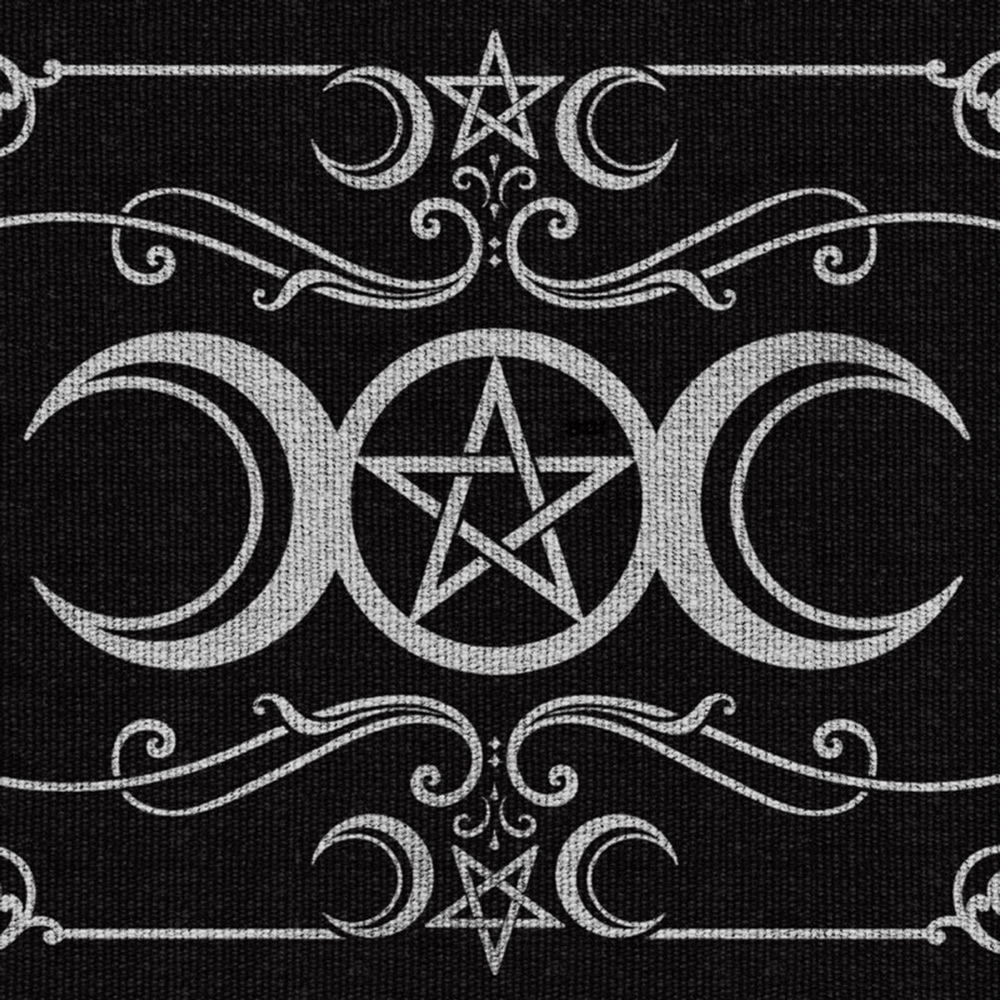 Triple moon and pentacle design on a black rug, perfect for Wiccan altars and mystical home decor.