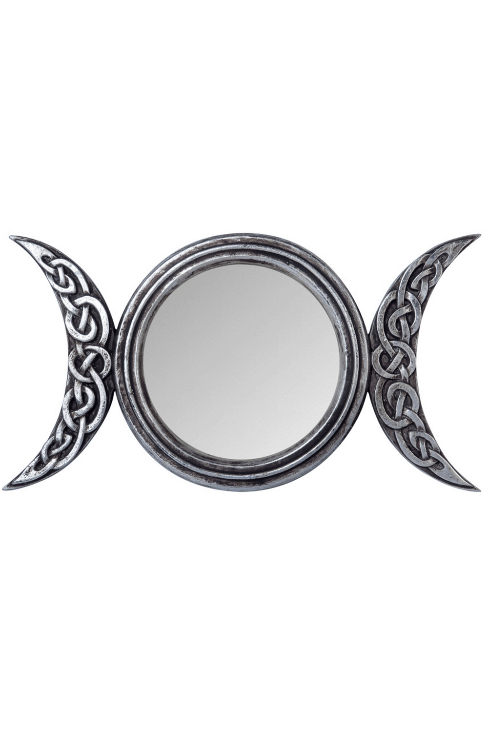 Triple moon wall mirror with Celtic knot design, silver finish, perfect for mystical decor.