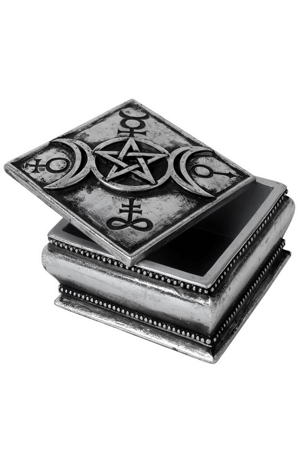 Triple moon and pentacle engraved trinket box for storing magical charms and crystals.