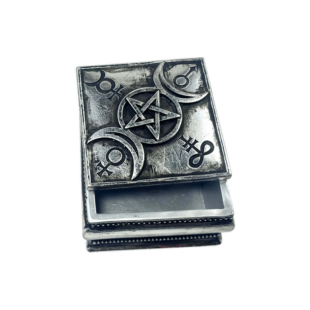 Triple moon and pentacle engraved trinket box for witchcraft, perfect for storing charms and crystals.