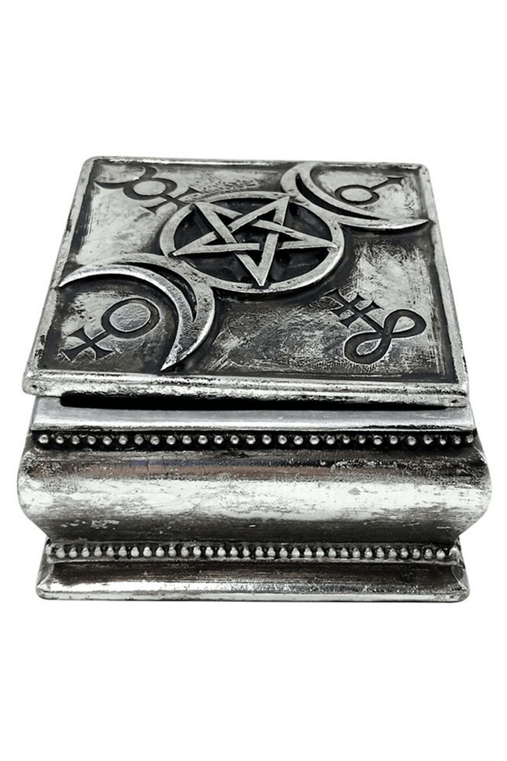 Triple Moon Witchcraft trinket box with pentacle and lunar symbols for spell storage and magical rituals.