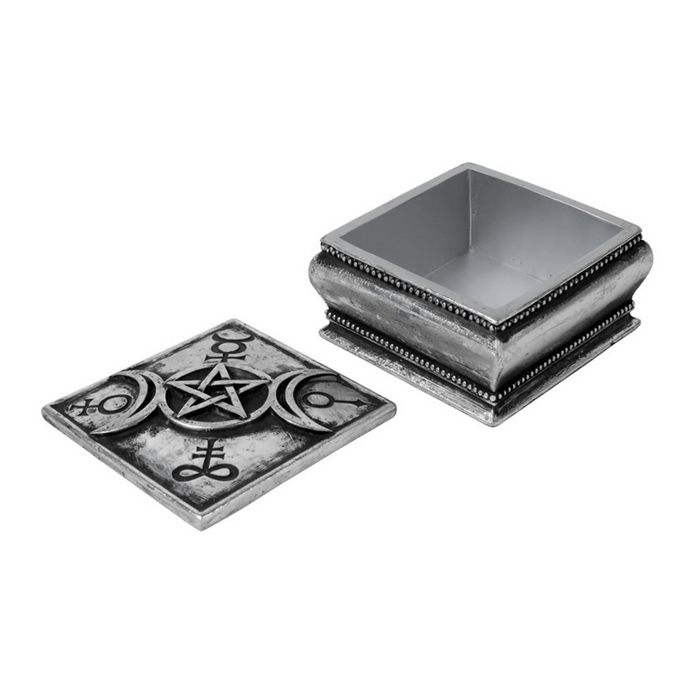 Triple moon and pentacle trinket box for storing charms, crystals, and magical tokens in a witchcraft decor.
