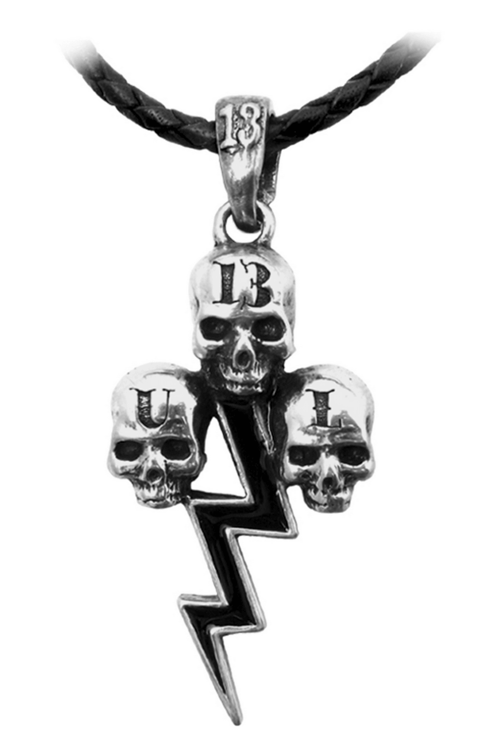 Triple Skull and Lightning Bolt Gothic Pendant showcasing three detailed pewter skulls with a striking lightning bolt design.