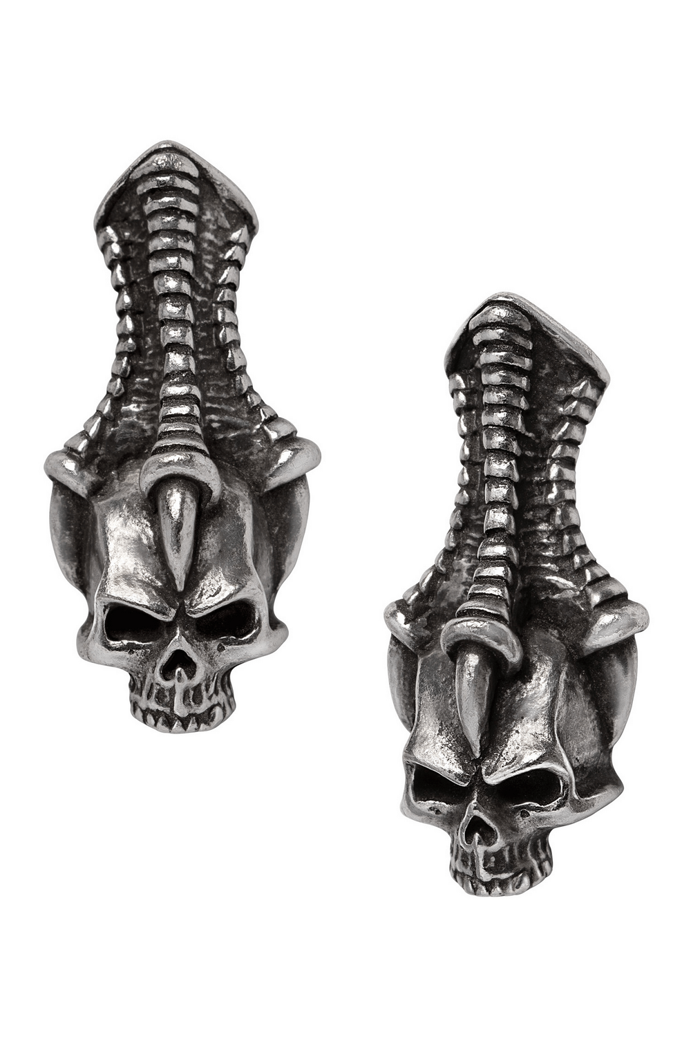 Pewter trophy skull and claw stud earrings, perfect for gothic fashion and bold statement style.