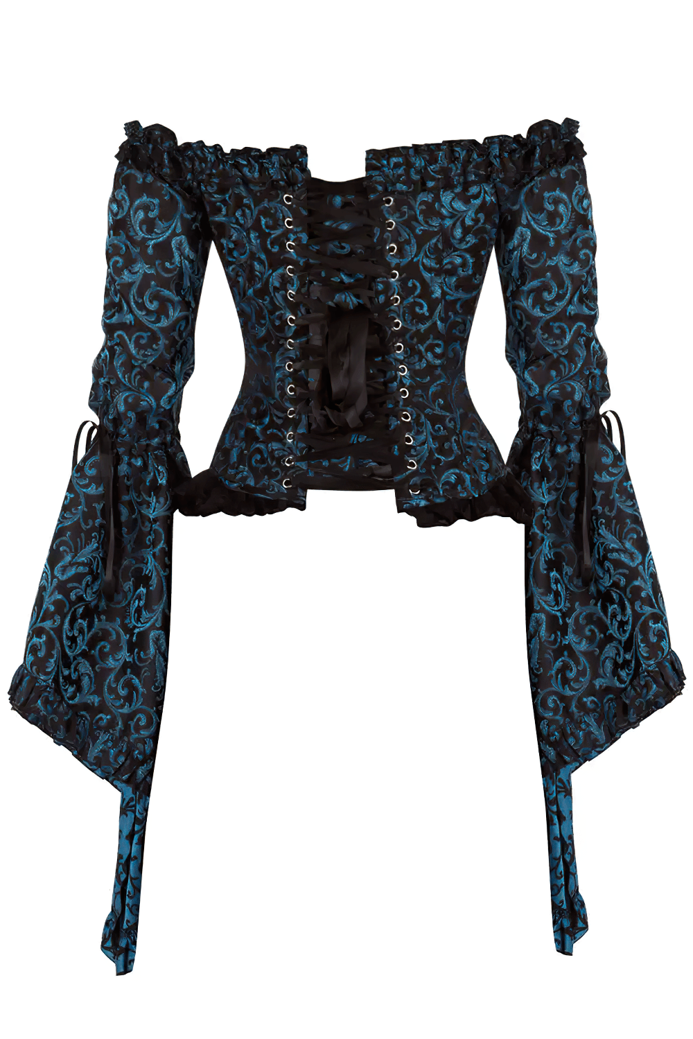 Turquoise Rococo Off Shoulder Overbust Corset Top featuring ornate detailing and dramatic bell sleeves.