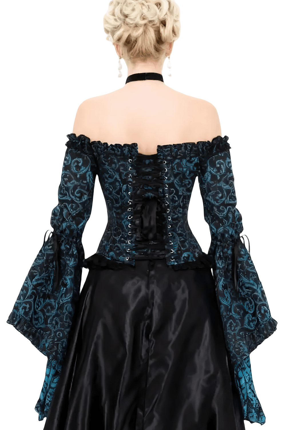 Turquoise Rococo Off Shoulder Overbust Corset Top showing back view with bell sleeves and intricate brocade design.