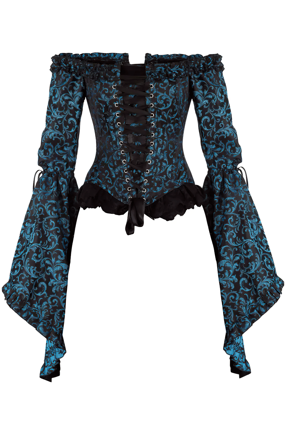 Turquoise Rococo Off Shoulder Overbust Corset Top featuring baroque scrollwork and dramatic bell sleeves.