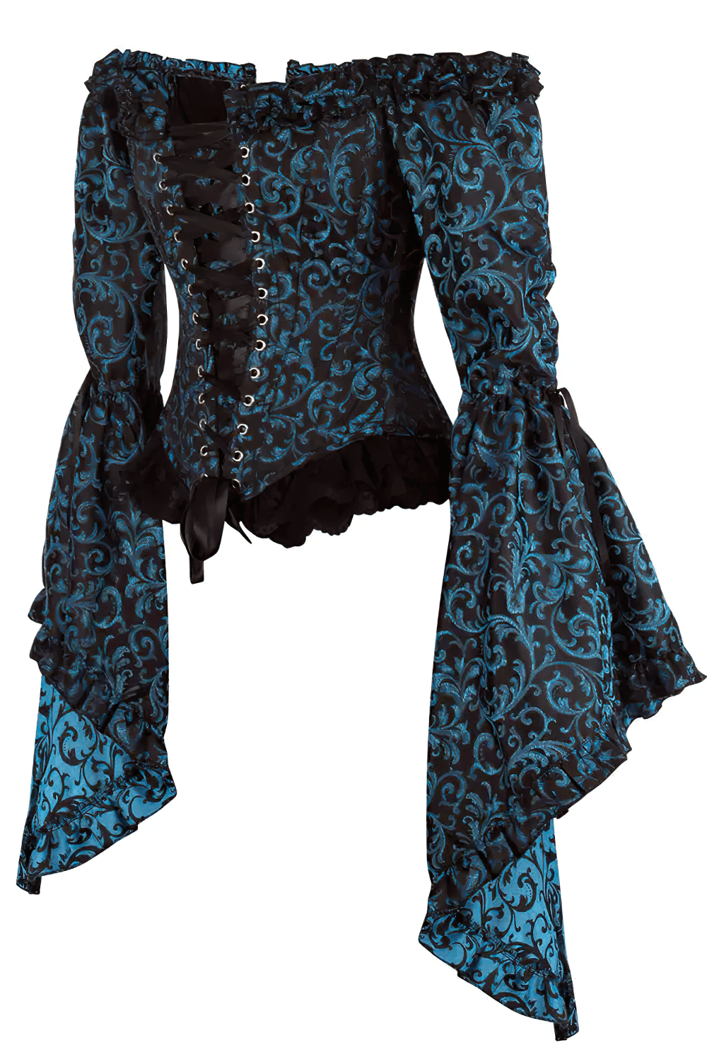 Turquoise Rococo Off Shoulder Overbust Corset Top with bell sleeves and baroque scrollwork.