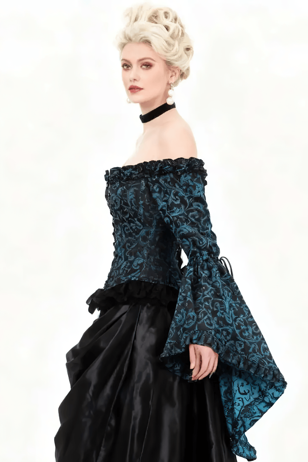 Turquoise Rococo Off Shoulder Overbust Corset Top featuring ornate bell sleeves and brocade design on a model.