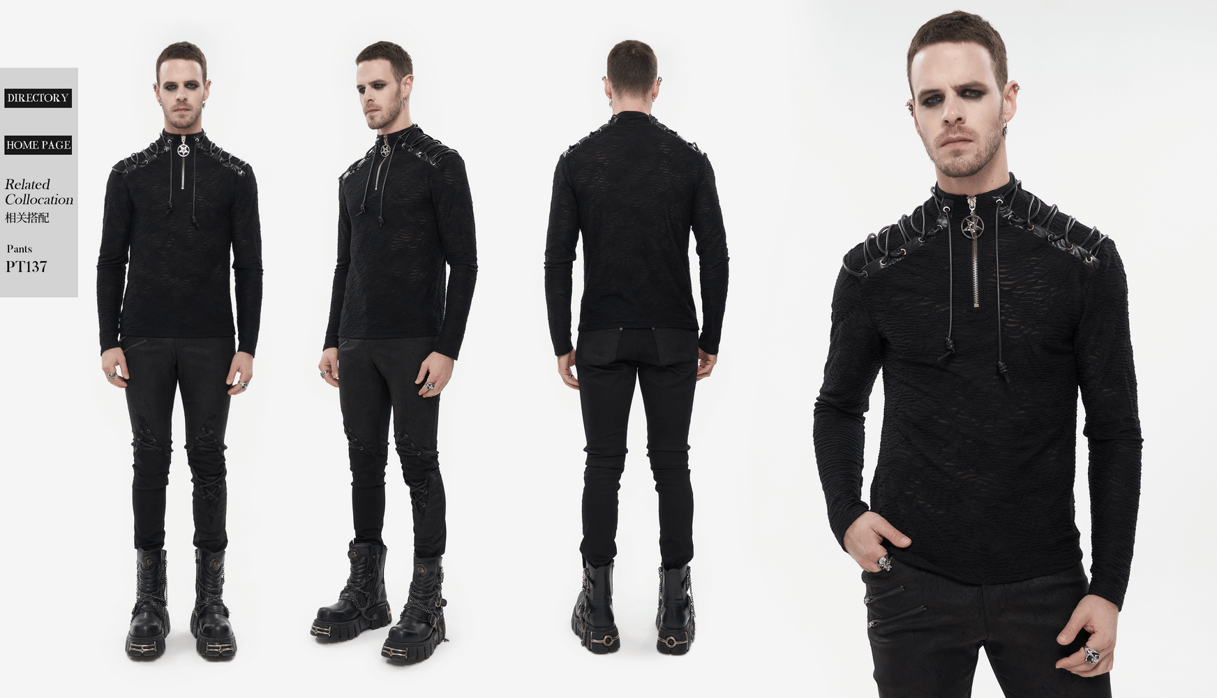 Men's turtleneck sweatshirt with lacing on shoulders, trendy punk style, modern cut, perfect for fashion-forward looks.