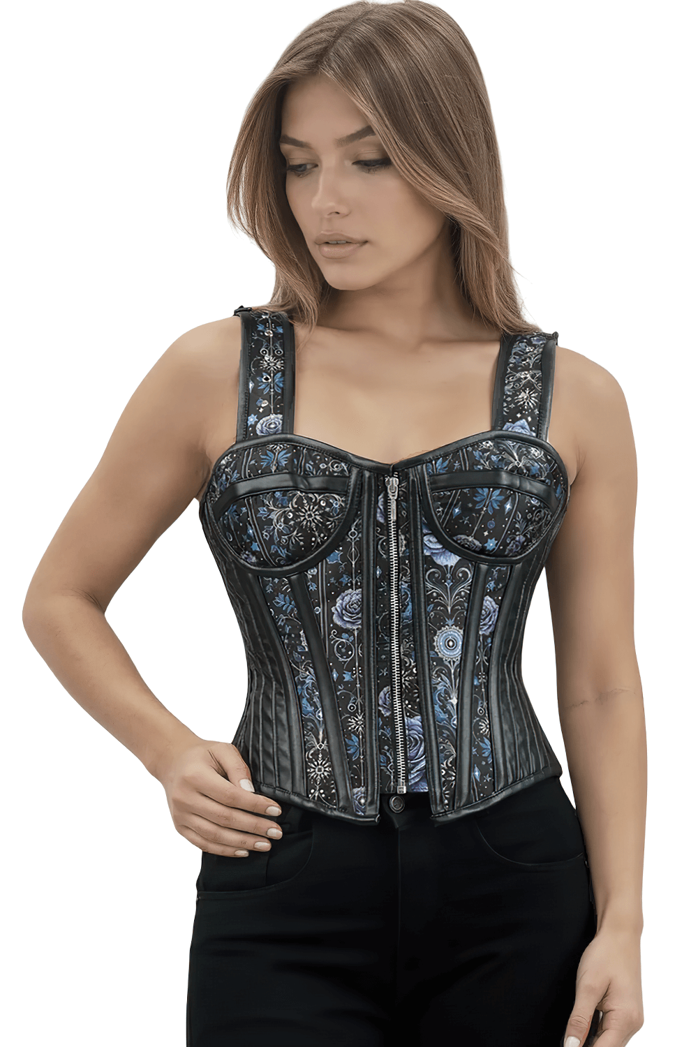 Twilight Garden Overbust Corset with Straps and Zip Detail in gothic floral design and steel boning.