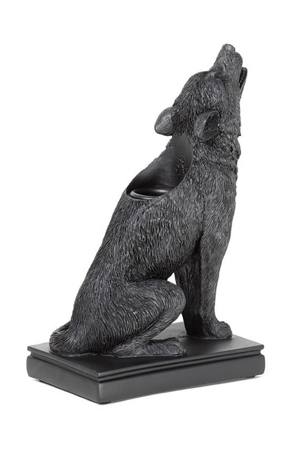Ulula Noctis Wolf Candle Holder in black resin, featuring a howling wolf design for dramatic home decor.