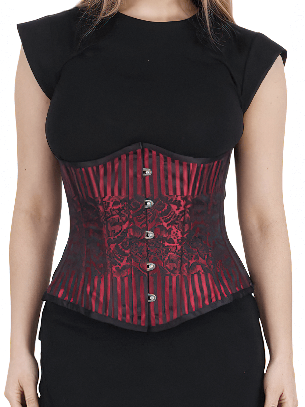 Underbust shaper corset with spiral steel boning in striking red brocade design, showcasing structured support and adjustable fit.