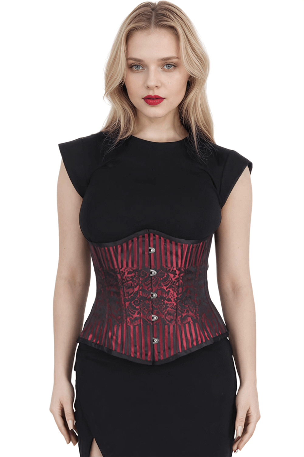 Underbust corset with spiral steel boning, featuring a brocade design and busk closure for a stunning silhouette.