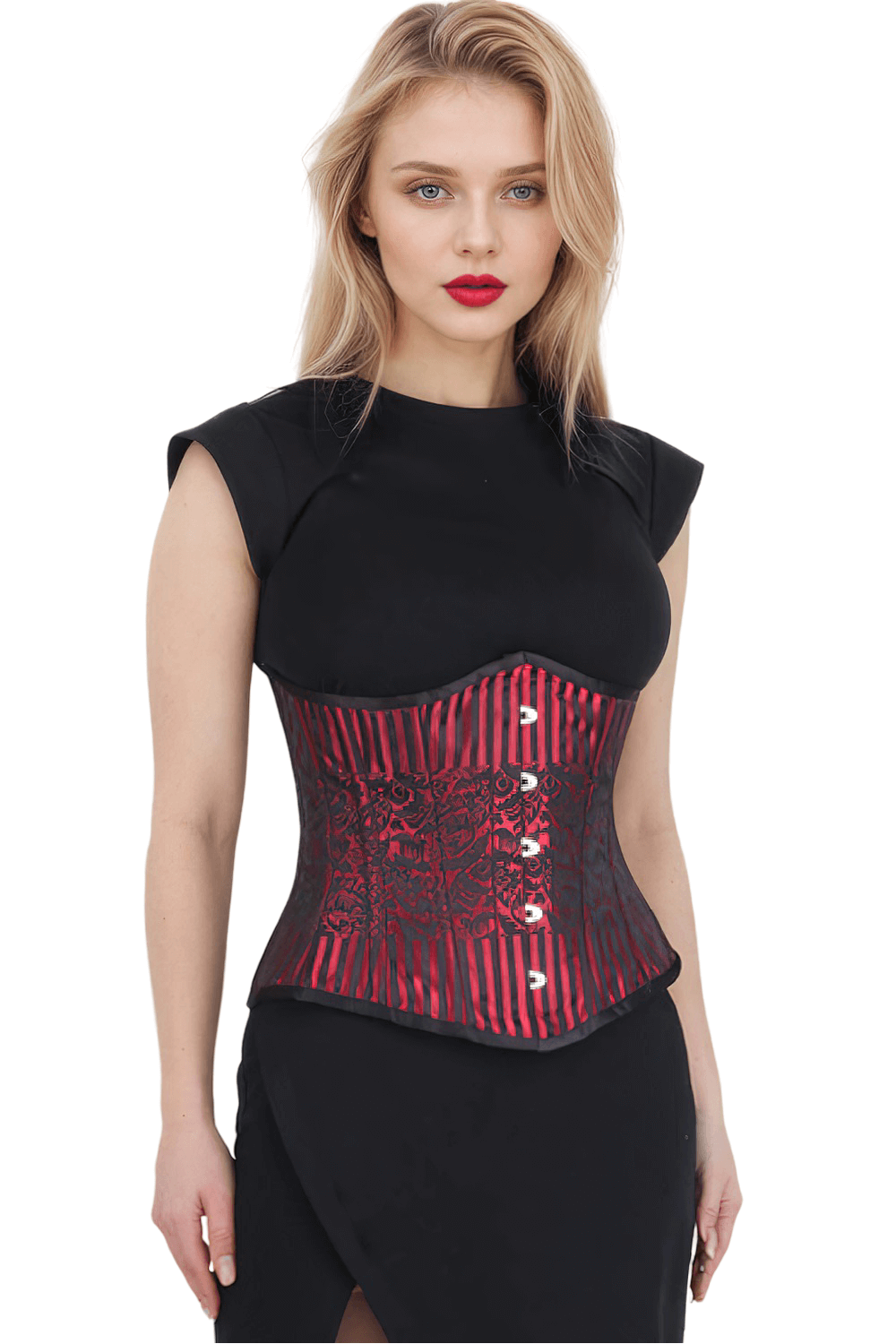 Elegant woman wearing a red and black underbust corset with spiral steel boning and busk closure.