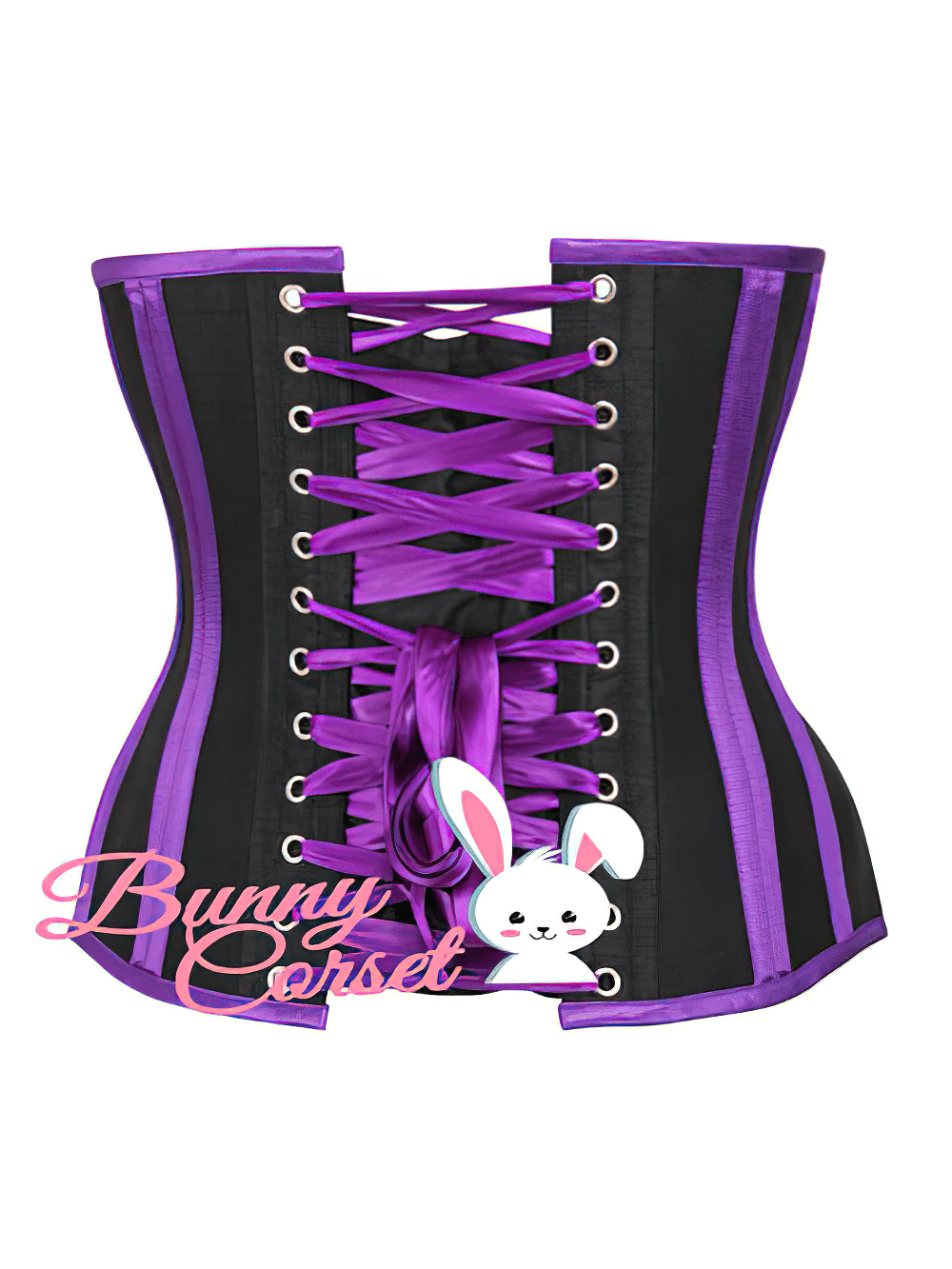 Gothic underbust waist training corset in black and purple with lace-up back for dramatic hourglass shape.