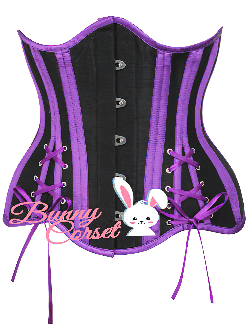 Gothic purple underbust corset with lace-up back and spiral boning for a dramatic hourglass silhouette.