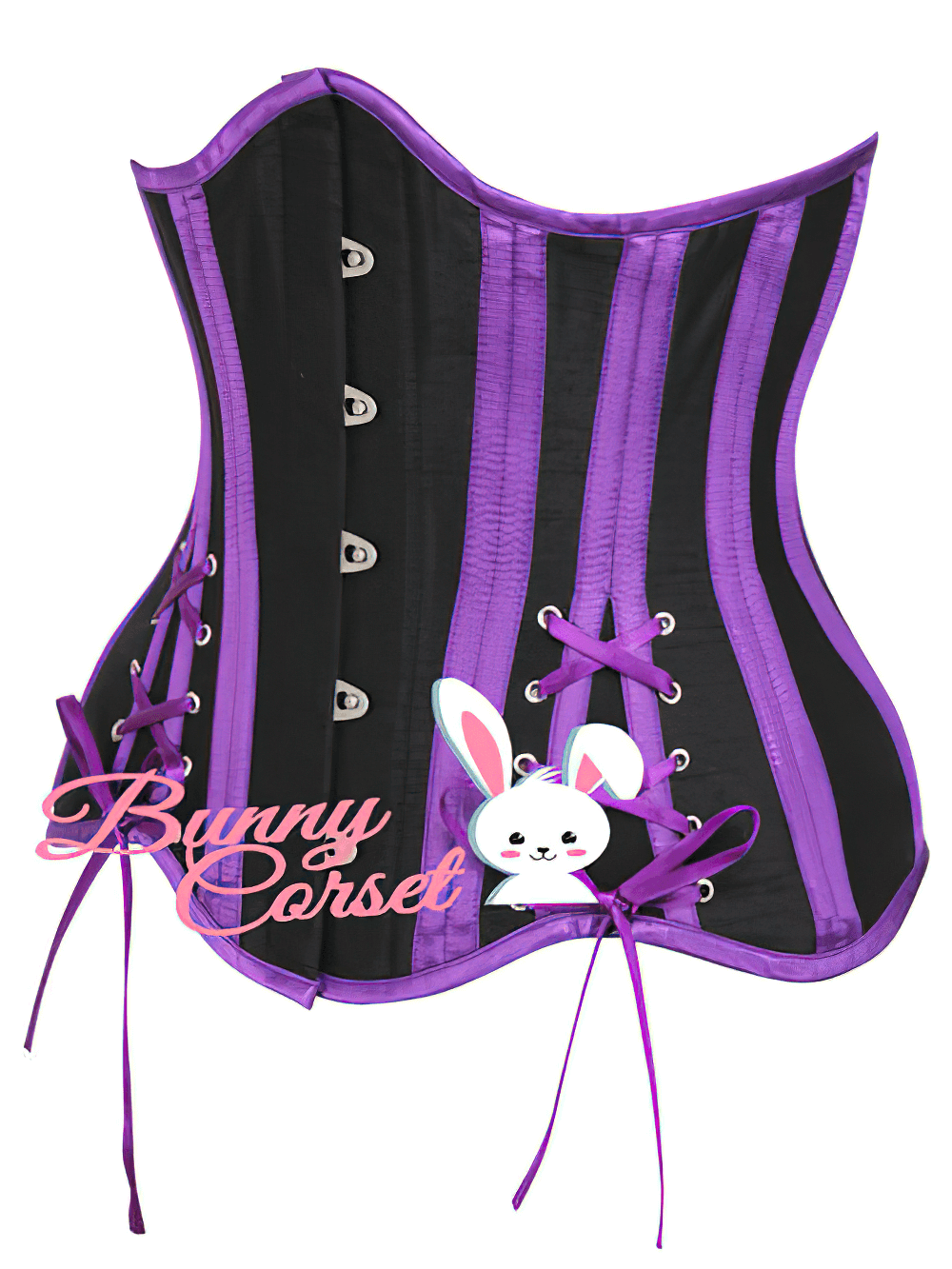 Gothic underbust waist training corset in black and purple with lace-up back for a dramatic hourglass silhouette.