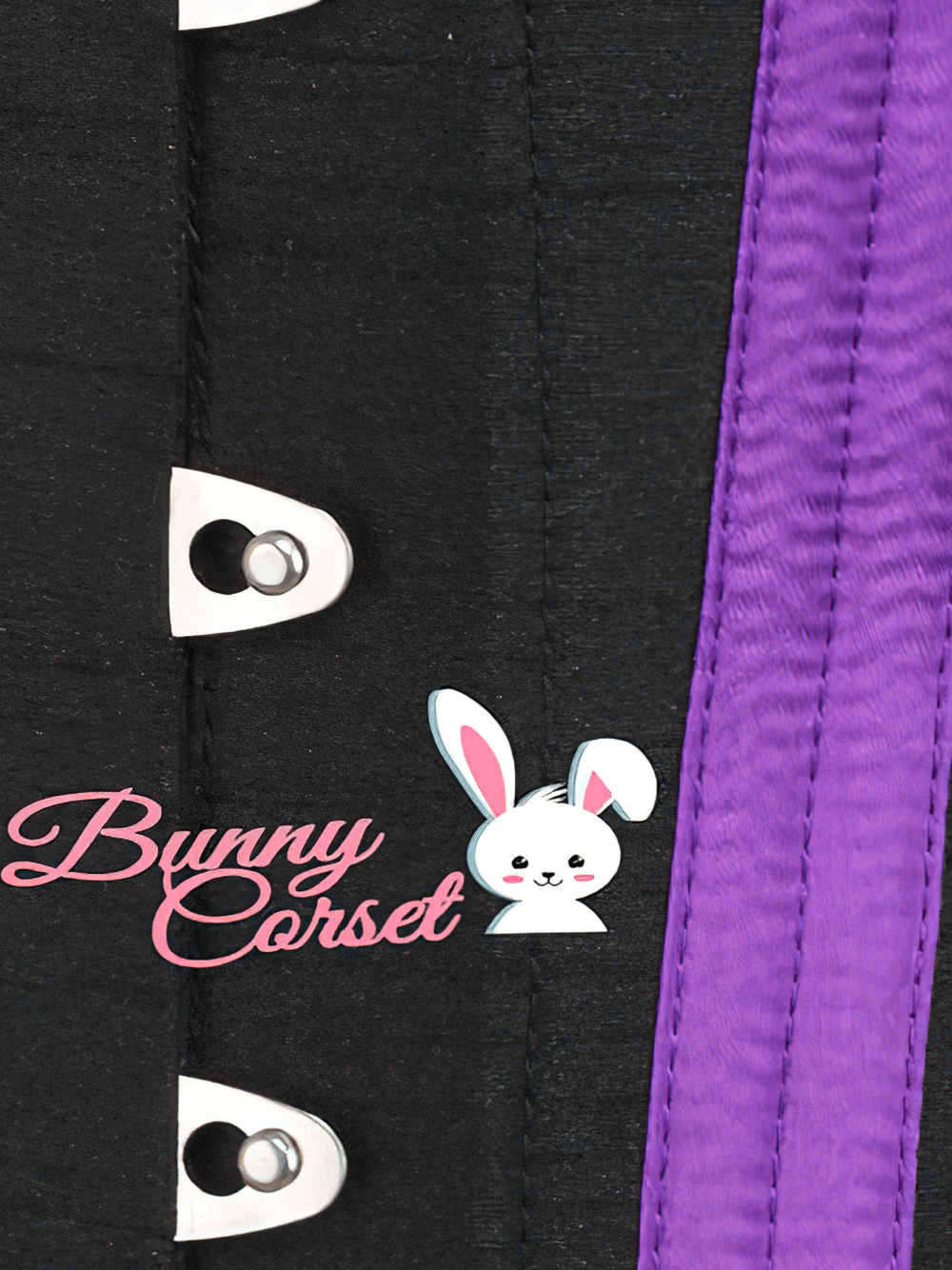 Close-up of a black underbust corset with purple laces and metal busk, featuring the Bunny Corset logo.