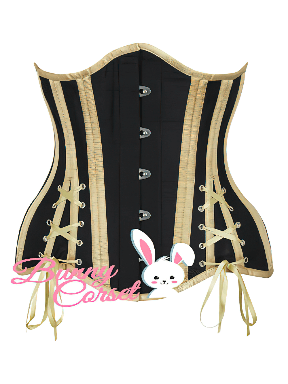 Gothic underbust waist training corset with lace-up back in black and gold, featuring structured support and vintage design.