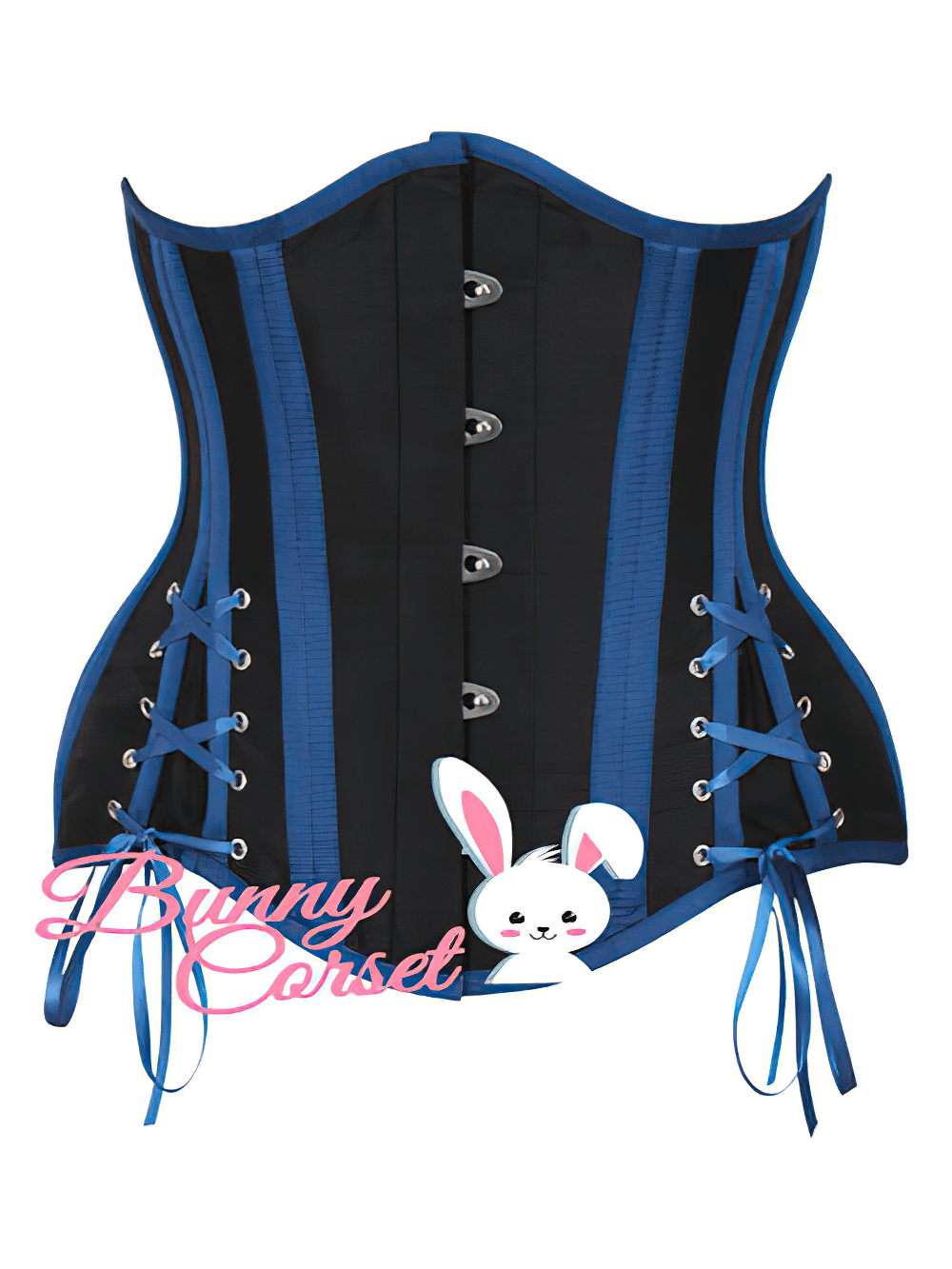 Elegant black and blue underbust corset with lace-up back and structured support for a dramatic silhouette.