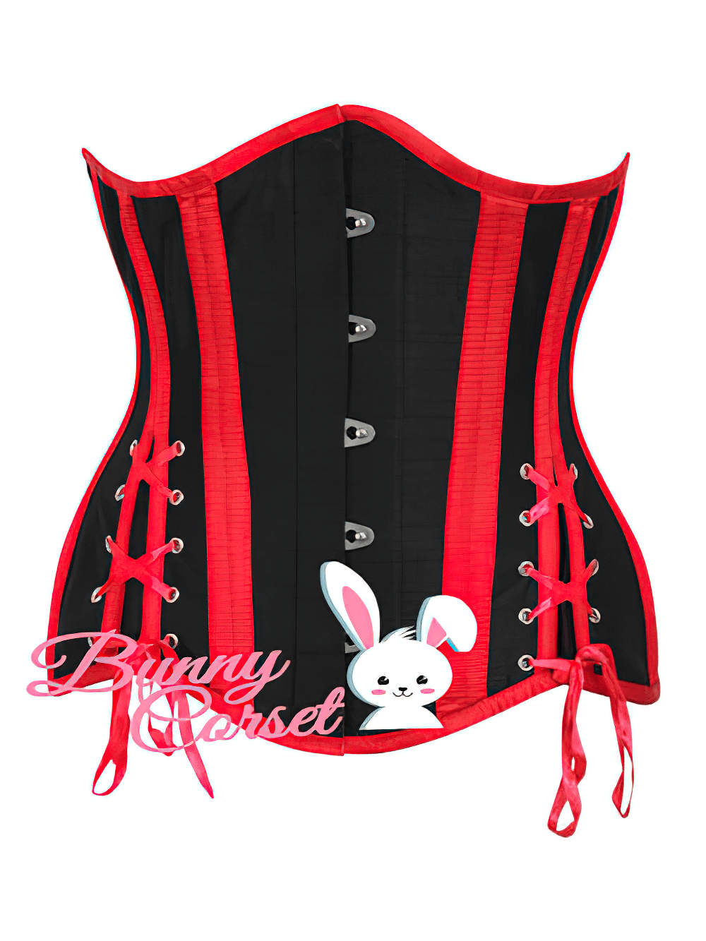 Underbust waist training corset in black and red with lace-up back for hourglass silhouette.