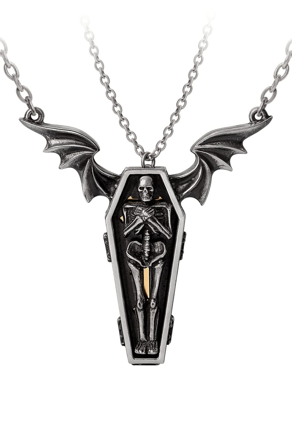 Gothic couples necklace featuring a coffin with skeleton design and bat wings, symbolizing eternal love.