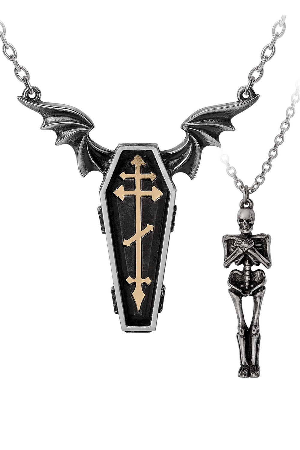 Gothic couples necklace featuring a coffin with wings and a skeleton charm, symbolizing eternal love.