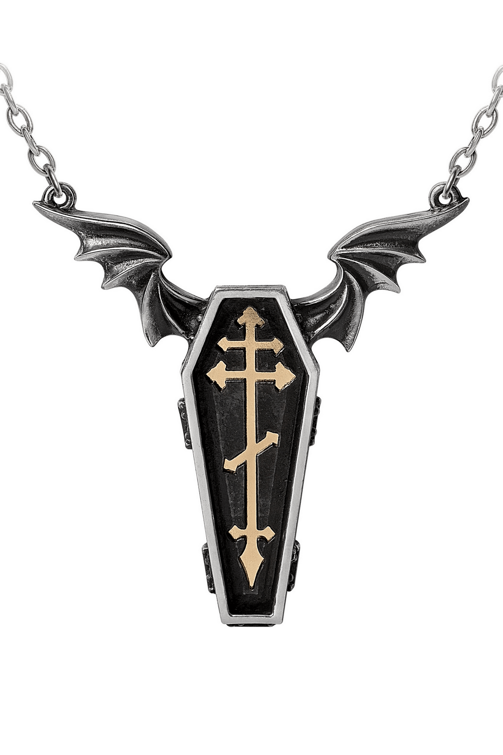 Gothic couples necklace featuring a coffin with wings design, symbolizing eternal love and bond.