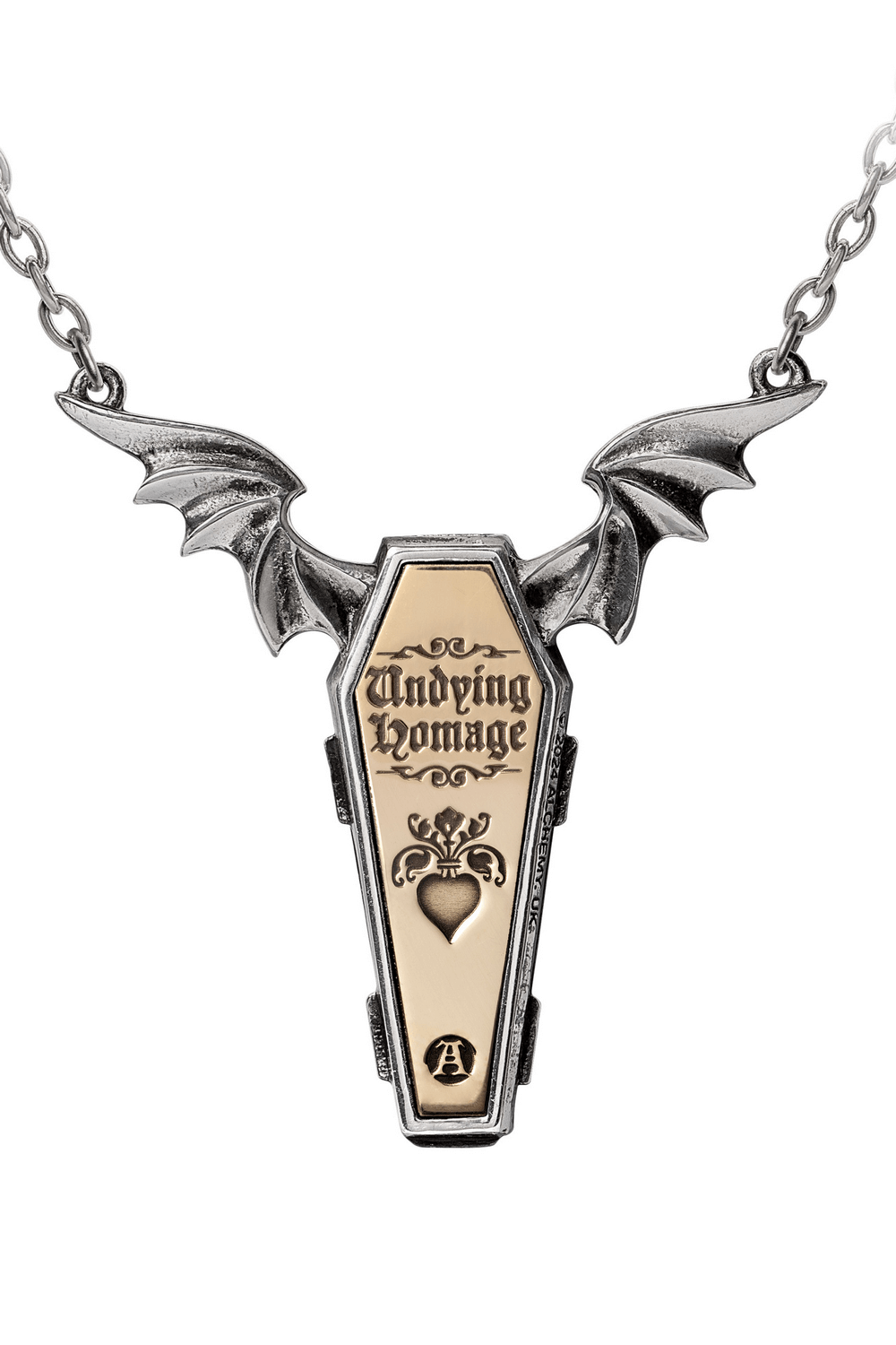Gothic 'Undying Homage' necklace featuring coffin design with bat wings, symbolizing eternal love.