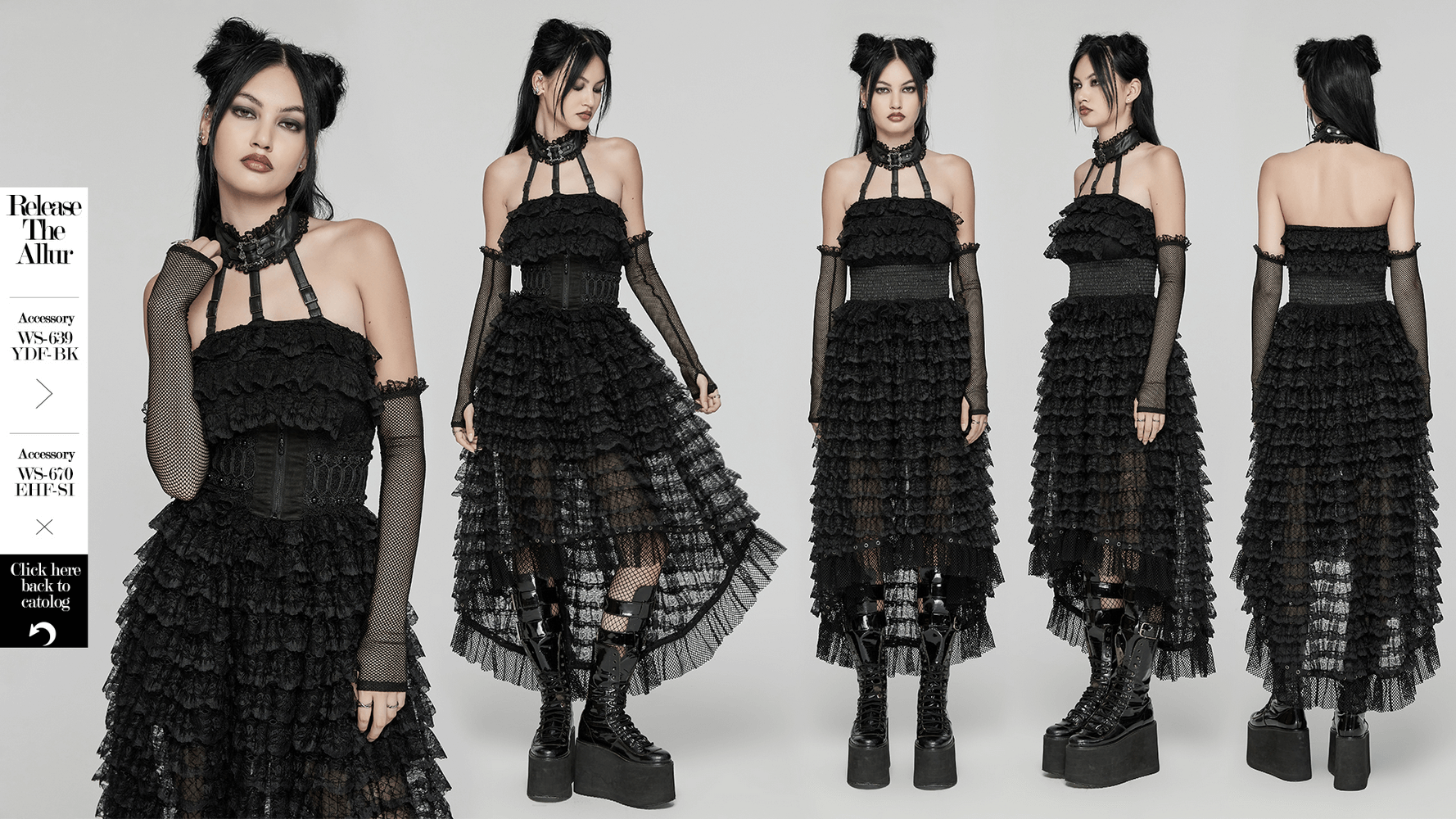 Stylish women's black lace high-low dress with gothic layers and detachable neck strap, perfect for a striking punk look.