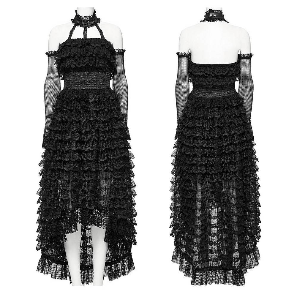 Gothic lace high-low hem black dress with layered skirt and detachable neck strap for unique punk style.