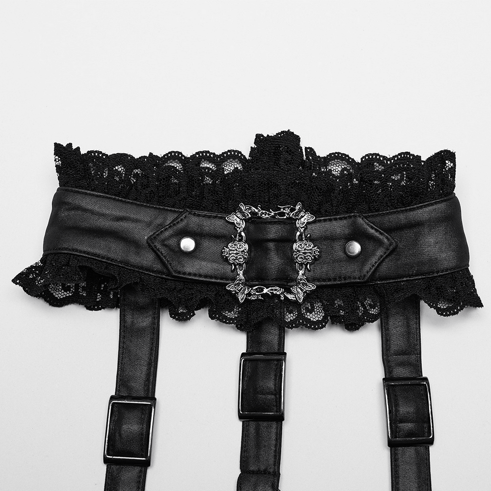 Stylish black lace and leather harness belt with ornate buckle, perfect for edgy punk and gothic outfits.