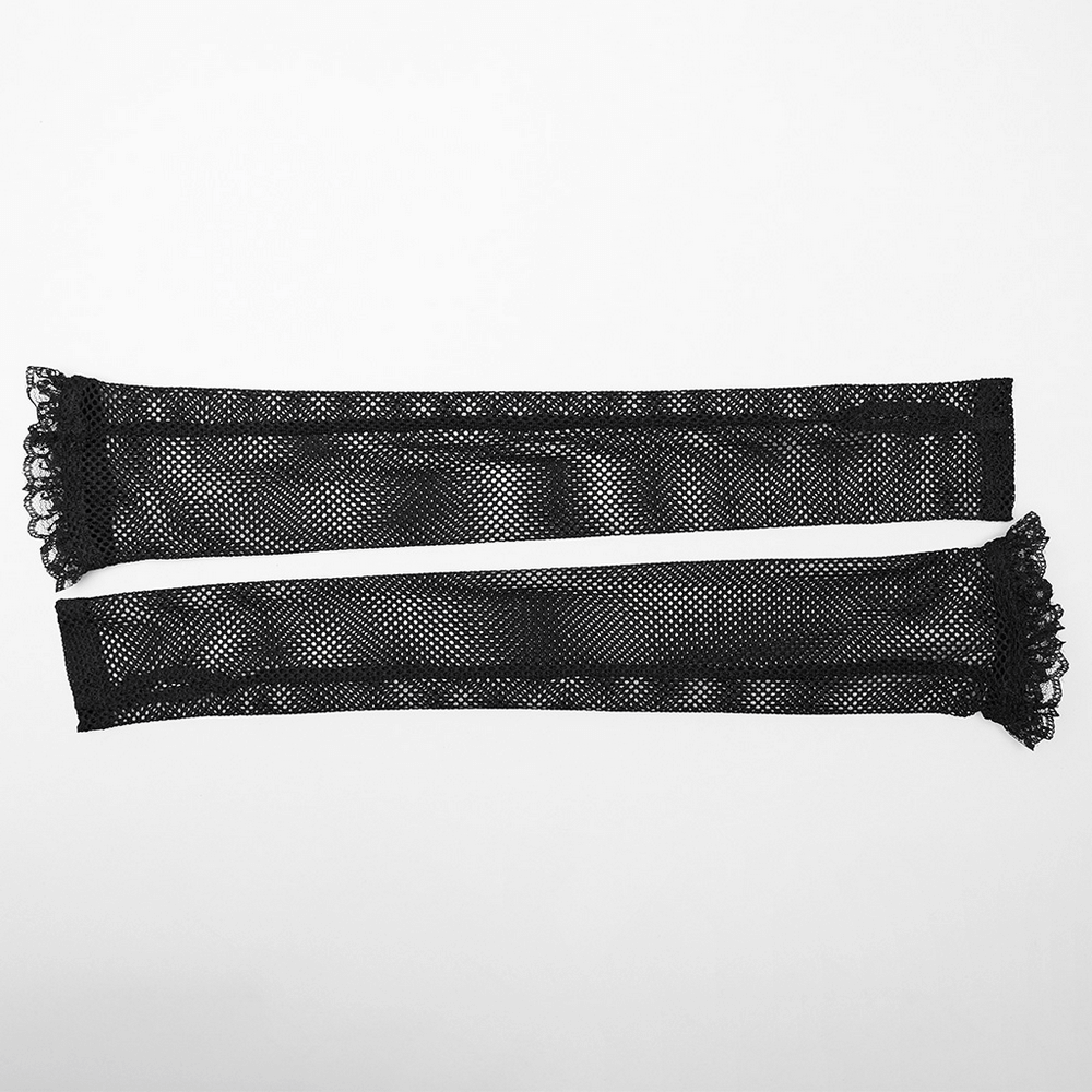 Black mesh lace arm warmers with ruffled edges, perfect for adding gothic flair to any outfit.