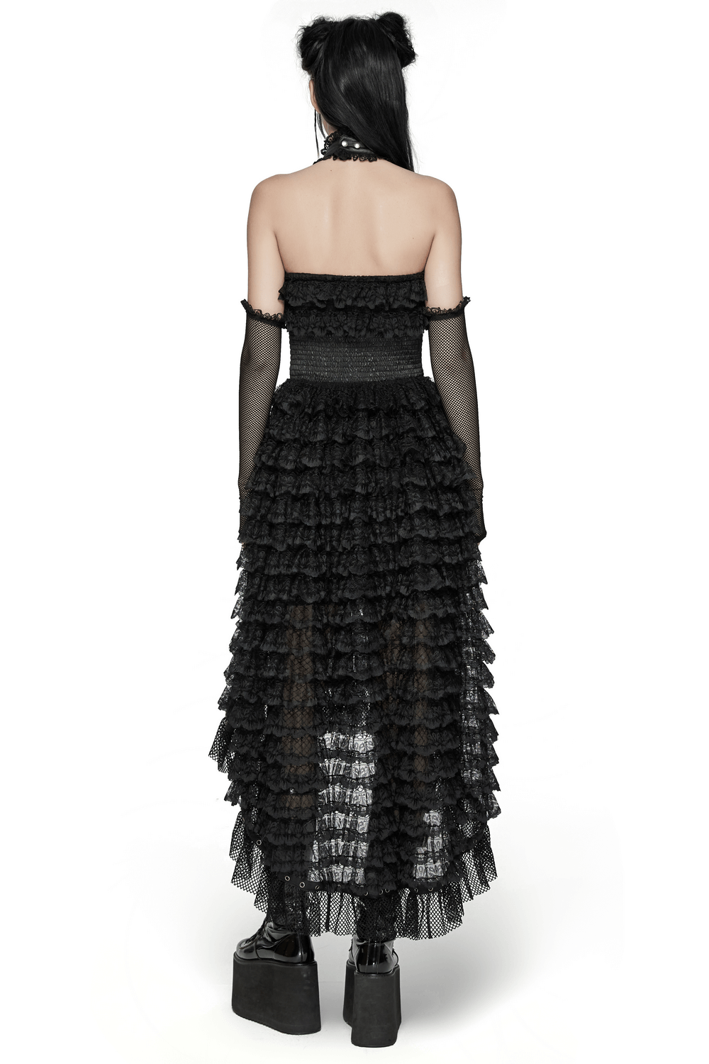 Back view of a unique black lace high-low hem dress with ruffles and layered skirt for a gothic punk look.