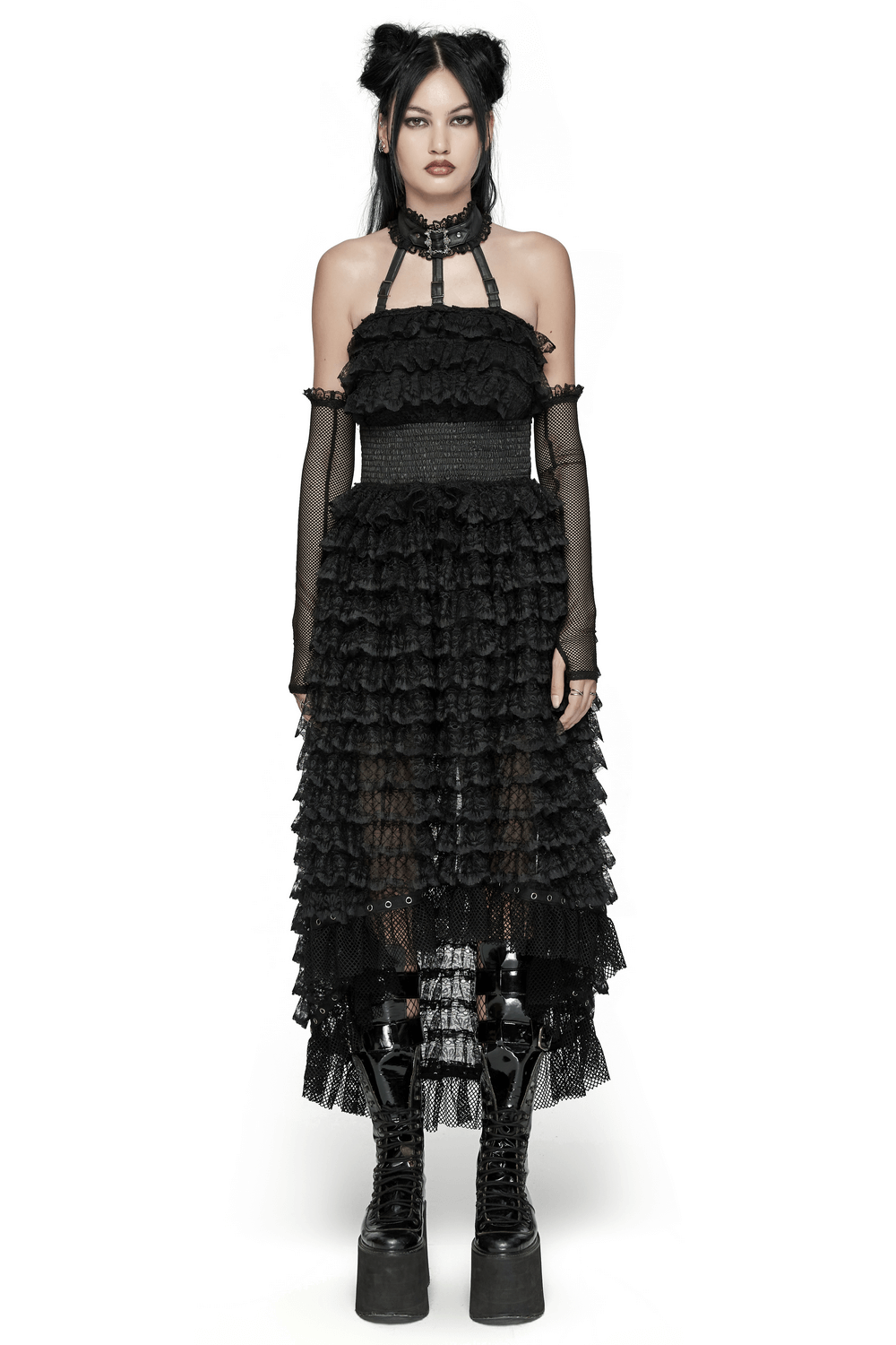 Gothic women's lace high-low black dress with layered ruffles, detachable neck strap, and edgy metal details.