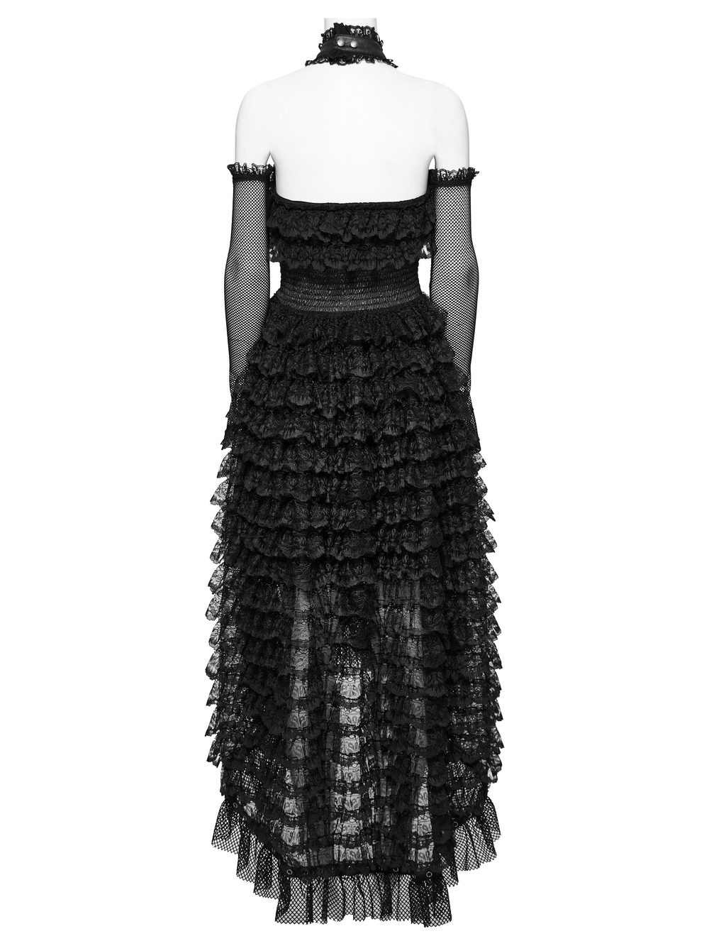 Back view of a women's black lace high-low hem dress with layered ruffles, perfect for goth-inspired fashion.