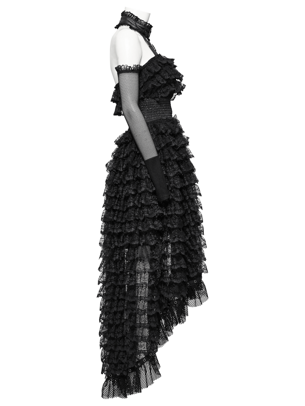 Gothic women's lace high-low hem black dress with layered ruffles and a detachable neck strap for edgy charm.