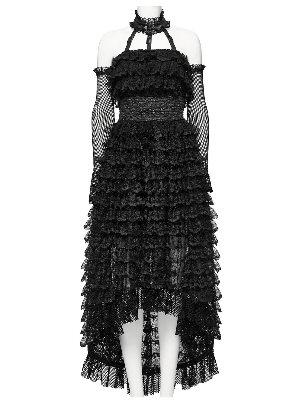 Unforgettable women's gothic lace high-low hem black dress featuring a layered ruffle design and removable choker.