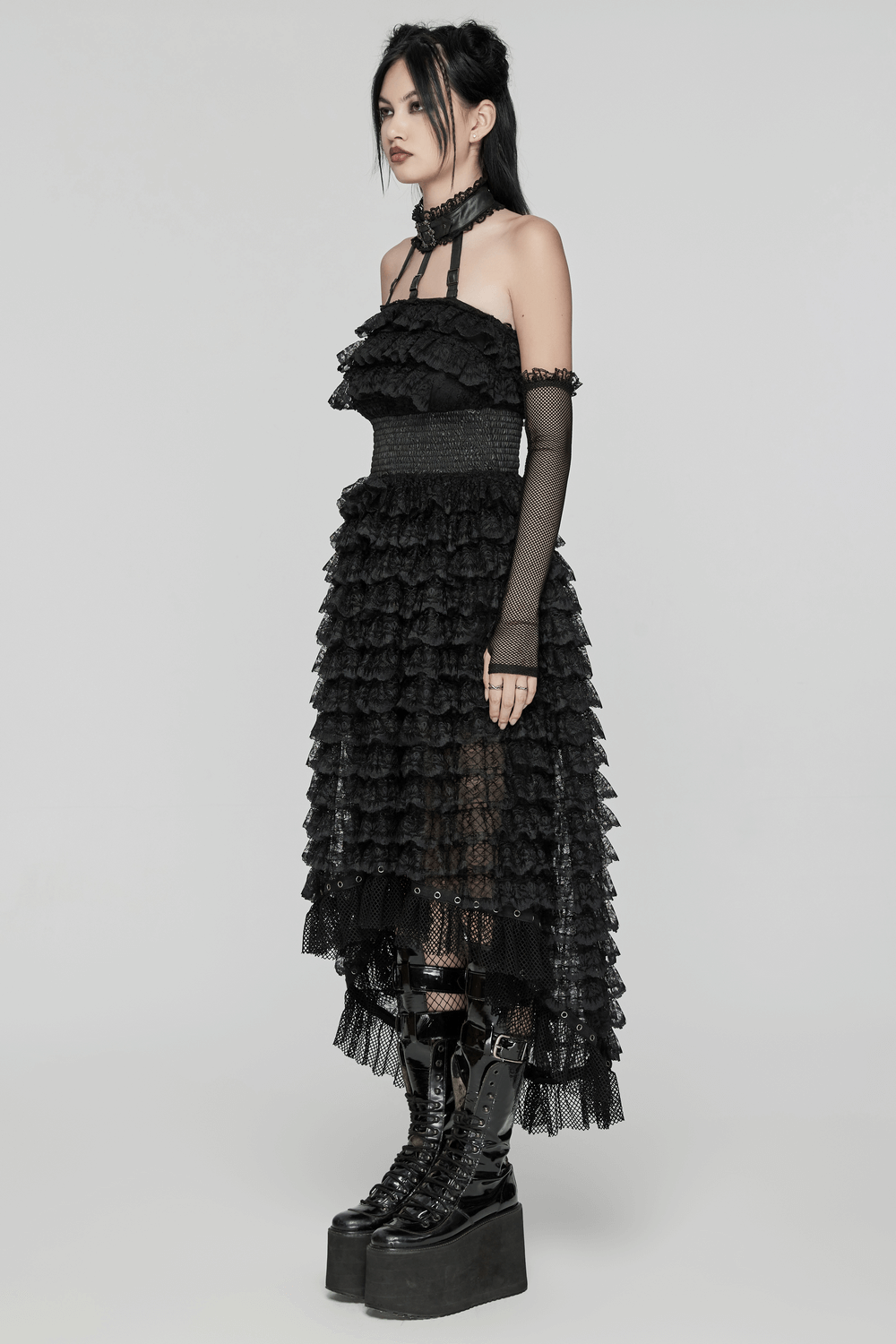 Gothic women's lace high-low hem black dress with layered ruffles and detachable neck strap, perfect for punk style.