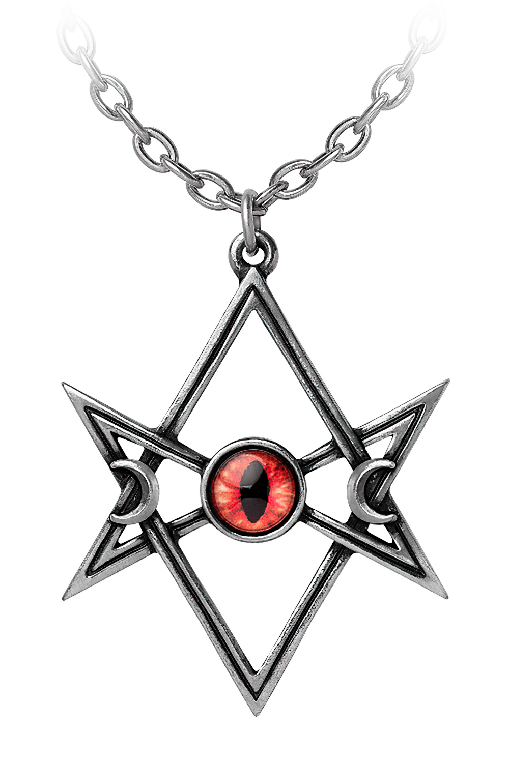 Unicursal hex pendant featuring a red devil eye and crescent moons, symbolizing love and elemental forces.