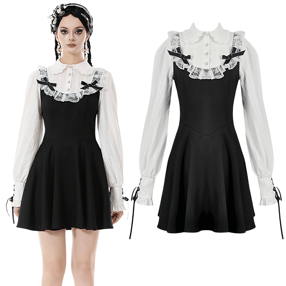 Unique Black and White Dress with Lace Collar and Bows showcasing ruffles, puff sleeves, and a lace-up back.