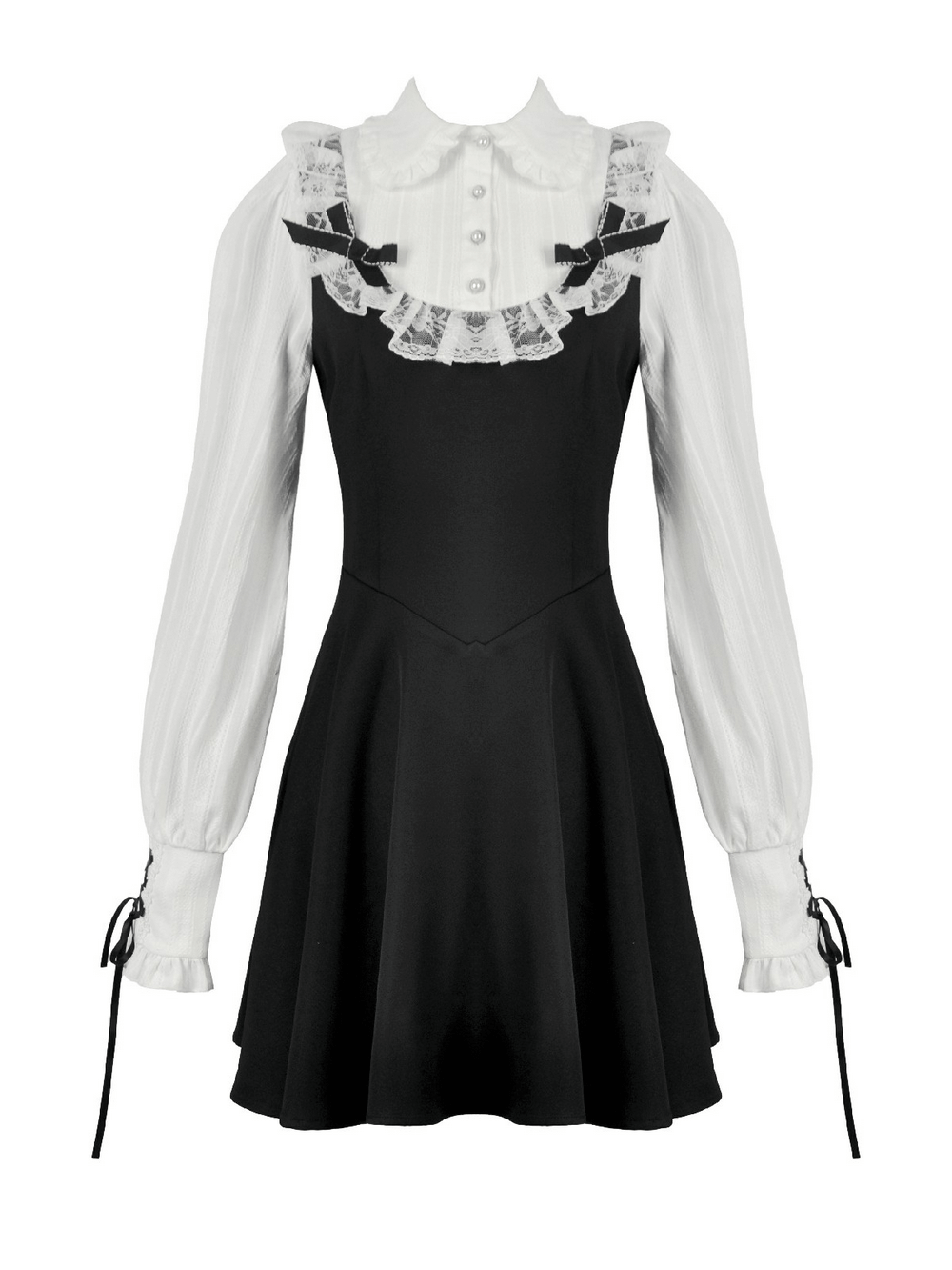 Unique Black and White Dress with Lace Collar and Bows featuring ruffles and puff sleeves.