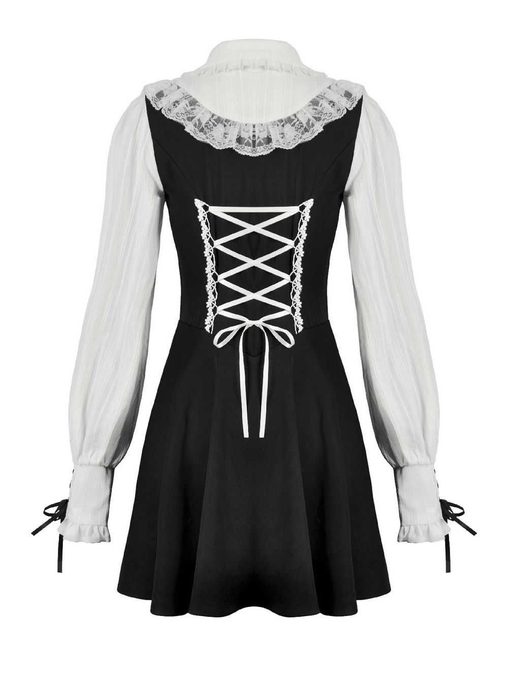 Unique Black and White Dress with Lace Collar and Bows showing the back lace-up design and elegant puff sleeves.